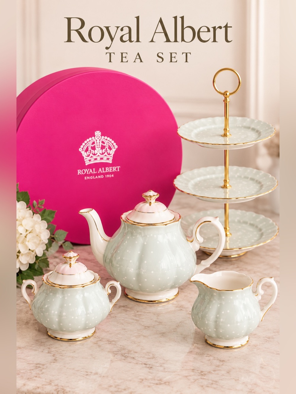 Royal Albert Polka Dot Tea Set 3-Tier Scone Tray Pink Gift Box